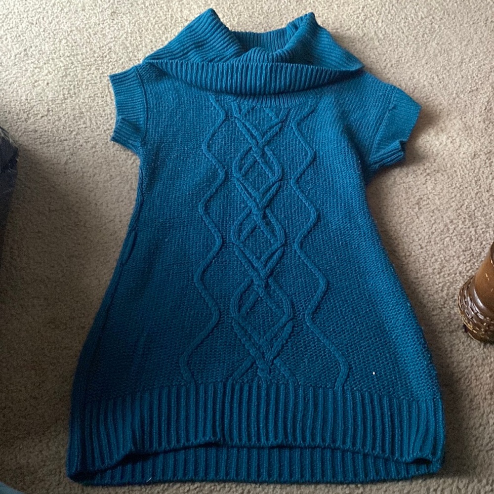 Pink Rose Teal Cable Knit Cowl Neck Short Sleeve Sweater